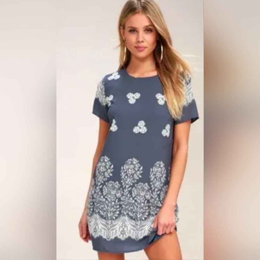 Lulu's Slate Blue Mini Dress with White Lace Print